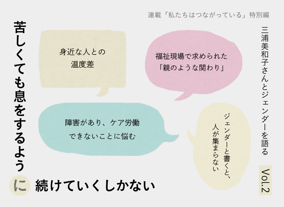 記事タイトル 連載「私たちはつながっている」特別編 三浦美和子さんとジェンダーを語る vol.2 苦しくても息をするように続けていくしかない 周りに４つの吹き出しがあり、以下のメッセージが書かれている。 身近な人との温度差　ジェンダーと書くと、人が集まらない　福祉現場で求められた「親のような関わり」　障害があり、ケア労働できないことに悩む