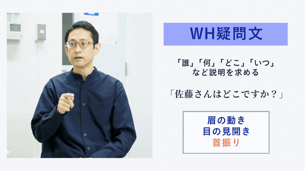 手話の「WH疑問文」の表現を説明する図。左側には首をかしげるように傾け、手話をする松﨑丈さんの写真があり、右側には「WH疑問文」「『誰』『何』『どこ』『いつ』など説明を求める」「『佐藤さんはどこですか？』」「眉の動き / 目の見開き / 首振リ」という解説テキストが添えられている。